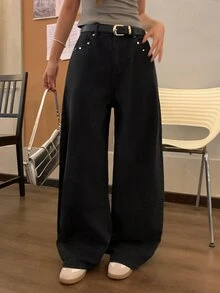 DAZY Women's Wide Leg Loose Casual Versatile Denim Jeans With Pockets Fall - Black - View 3