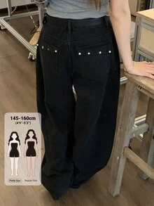 DAZY Women's Wide Leg Loose Casual Versatile Denim Jeans With Pockets Fall - Black - View 1