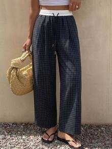 DAZY Women's Casual Loose Plaid Long Pants Fall - Navy Blue - View 8
