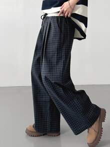 DAZY Women's Casual Loose Plaid Long Pants Fall - Navy Blue - View 6