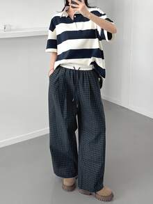DAZY Women's Casual Loose Plaid Long Pants Fall - Navy Blue - View 2