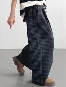 DAZY Women's Casual Loose Plaid Long Pants Fall - Navy Blue - View 9