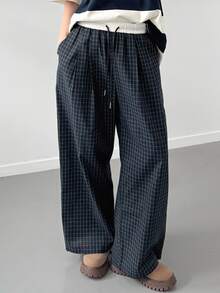 DAZY Women's Casual Loose Plaid Long Pants Fall - Navy Blue - View 5