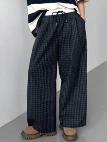 DAZY Women's Casual Loose Plaid Long Pants Fall - Navy Blue - View 3