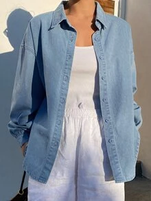DAZY Jaket Denim Kasual Wanita dengan Belahan Belakang dan Detail Tali, Musim Gugur - Biru - View 2