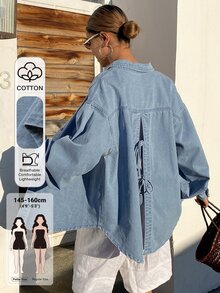 DAZY Jaket Denim Kasual Wanita dengan Belahan Belakang dan Detail Tali, Musim Gugur - Biru - View 1