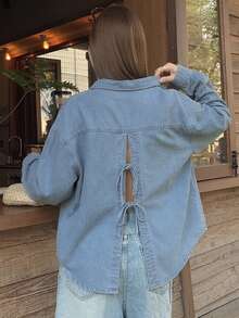 DAZY Jaket Denim Kasual Wanita dengan Belahan Belakang dan Detail Tali, Musim Gugur - Biru - View 8