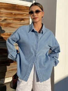 DAZY Jaket Denim Kasual Wanita dengan Belahan Belakang dan Detail Tali, Musim Gugur - Biru - View 5