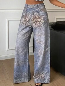 Livesso Petite Women's Gradient Leopard Print Wide Leg Denim Jeans Fall - Blue - View 7