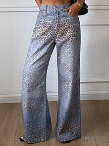 Livesso Petite Women's Gradient Leopard Print Wide Leg Denim Jeans Fall - Blue - View 5