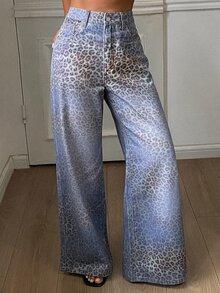 Livesso Petite Women's Gradient Leopard Print Wide Leg Denim Jeans Fall - Blue - View 3