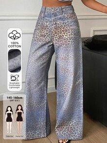 Livesso Petite Women's Gradient Leopard Print Wide Leg Denim Jeans Fall - Blue - View 1