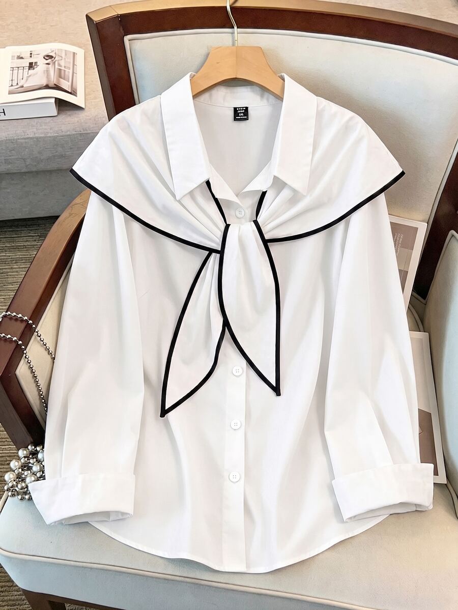 GlowEve CURVE Plus Size Ladies' High-End Luxury Spring And Autumn Lapel Short French Shirt With Elegant Plaid Shawl Blouse Fall - White - View 1