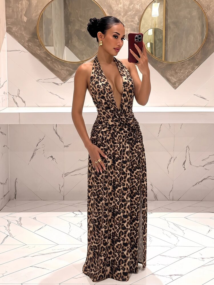 Slaydiva Women Beige Print Halter Maxi Dress Deep V High Slit Ruched Bodycon Party Club Sexy Evening Wedding Guest Vacation Cocktail Gown Summer - Multicolor - View 7