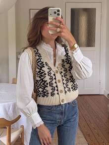 Serisse Women's Geometric Pattern Single-Breasted Casual French Vintage Knit Vest, Autumn Elegant Formal Brunch Business Fairy Classic Wedding Black And White - Multicolor - View 6