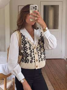 Serisse Women's Geometric Pattern Single-Breasted Casual French Vintage Knit Vest, Autumn Elegant Formal Brunch Business Fairy Classic Wedding Black And White - Multicolor - View 9