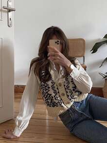 Serisse Women's Geometric Pattern Single-Breasted Casual French Vintage Knit Vest, Autumn Elegant Formal Brunch Business Fairy Classic Wedding Black And White - Multicolor - View 3