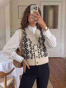 Serisse Women's Geometric Pattern Single-Breasted Casual French Vintage Knit Vest, Autumn Elegant Formal Brunch Business Fairy Classic Wedding Black And White - Multicolor - View 1