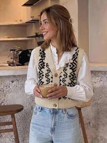 Serisse Women's Geometric Pattern Single-Breasted Casual French Vintage Knit Vest, Autumn Elegant Formal Brunch Business Fairy Classic Wedding Black And White - Multicolor - View 5