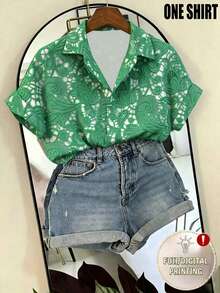 Franclia Fashionable French Design Loose Collared Women's Short Sleeve Shirt, Spring/Summer, Vacation Brunch Green Elegant Boho - Green - View 3