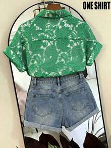 Franclia Fashionable French Design Loose Collared Women's Short Sleeve Shirt, Spring/Summer, Vacation Brunch Green Elegant Boho - Green - View 2
