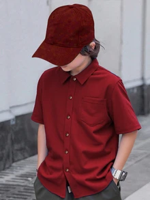 SHEIN Tween Boys Minimalist Solid Color Pocket Single Breasted Short Sleeve Shirt - Red - View 1