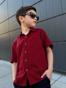 SHEIN Tween Boys Minimalist Solid Color Pocket Single Breasted Short Sleeve Shirt - Red - View 6