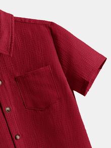 SHEIN Tween Boys Minimalist Solid Color Pocket Single Breasted Short Sleeve Shirt - Red - View 4