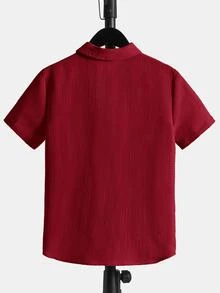 SHEIN Tween Boys Minimalist Solid Color Pocket Single Breasted Short Sleeve Shirt - Red - View 2
