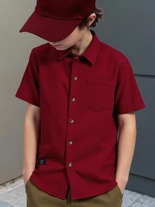 SHEIN Tween Boys Minimalist Solid Color Pocket Single Breasted Short Sleeve Shirt - Red - View 7