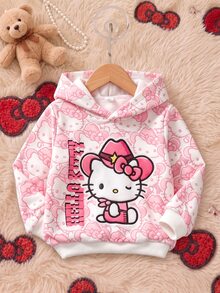 HELLO KITTY AND FRIENDS | SHEIN Sweatshirt Hoodie Longgar Manis Musim Semi/Musim Gugur dengan Motif Kartun Anak Perempuan Warna Pink di Seluruh Permukaan - Berwarna merah muda - View 1