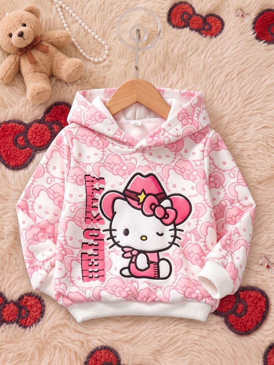 HELLO KITTY AND FRIENDS | SHEIN Sweatshirt Hoodie Longgar Manis Musim Semi/Musim Gugur dengan Motif Kartun Anak Perempuan Warna Pink di Seluruh Permukaan - Berwarna merah muda - View 1