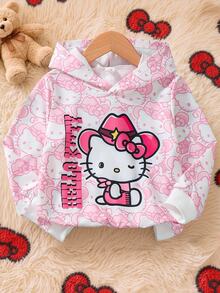 HELLO KITTY AND FRIENDS | SHEIN Sweatshirt Hoodie Longgar Manis Musim Semi/Musim Gugur dengan Motif Kartun Anak Perempuan Warna Pink di Seluruh Permukaan - Berwarna merah muda - View 3