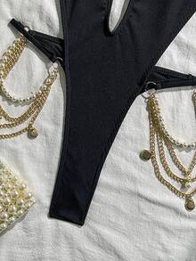 SHEIN Swim Swim SXY 女士新款性感纯色吊带V领镂空金属环露背吊带连体泳衣，春夏款 - 黑色 - 查看 8
