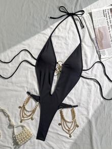 SHEIN Swim Swim SXY 女士新款性感纯色吊带V领镂空金属环露背吊带连体泳衣，春夏款 - 黑色 - 查看 6