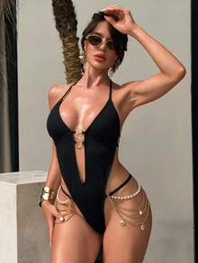 SHEIN Swim Swim SXY 女士新款性感纯色吊带V领镂空金属环露背吊带连体泳衣，春夏款 - 黑色 - 查看 3