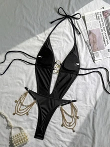 SHEIN Swim Swim SXY 女士新款性感纯色吊带V领镂空金属环露背吊带连体泳衣，春夏款 - 黑色 - 查看 7