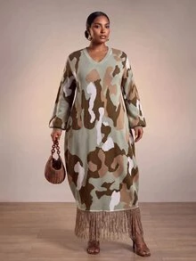 Zivah Plus Size Women V-Neck Printed Long Sleeve Tassel Hem Knit Dress - Multicolor - View 1