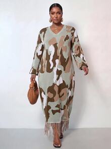 Zivah Plus Size Women V-Neck Printed Long Sleeve Tassel Hem Knit Dress - Multicolor - View 3