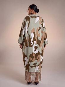 Zivah Plus Size Women V-Neck Printed Long Sleeve Tassel Hem Knit Dress - Multicolor - View 2