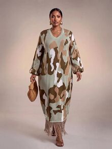 Zivah Plus Size Women V-Neck Printed Long Sleeve Tassel Hem Knit Dress - Multicolor - View 6