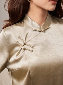 Zovinel 女款中式設計旗袍領疊領長袖襯衫,秋冬春季新款優雅節慶日常通勤時尚上衣 - 金色 - 查看 5