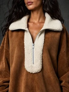 LUMIGAL Vintage Casual Western Cowboy Style Camel Faux Suede Contrast Color Faux Lamb Fur Collar & Cuffs V-Neck Zipper Half-Open Front Short Dress - Camel - View 5
