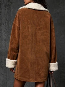 LUMIGAL Vintage Casual Western Cowboy Style Camel Faux Suede Contrast Color Faux Lamb Fur Collar & Cuffs V-Neck Zipper Half-Open Front Short Dress - Camel - View 2