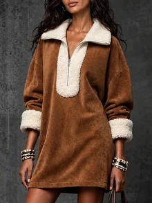 LUMIGAL Vintage Casual Western Cowboy Style Camel Faux Suede Contrast Color Faux Lamb Fur Collar & Cuffs V-Neck Zipper Half-Open Front Short Dress - Camel - View 4
