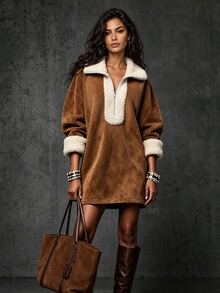 LUMIGAL Vintage Casual Western Cowboy Style Camel Faux Suede Contrast Color Faux Lamb Fur Collar & Cuffs V-Neck Zipper Half-Open Front Short Dress - Camel - View 3