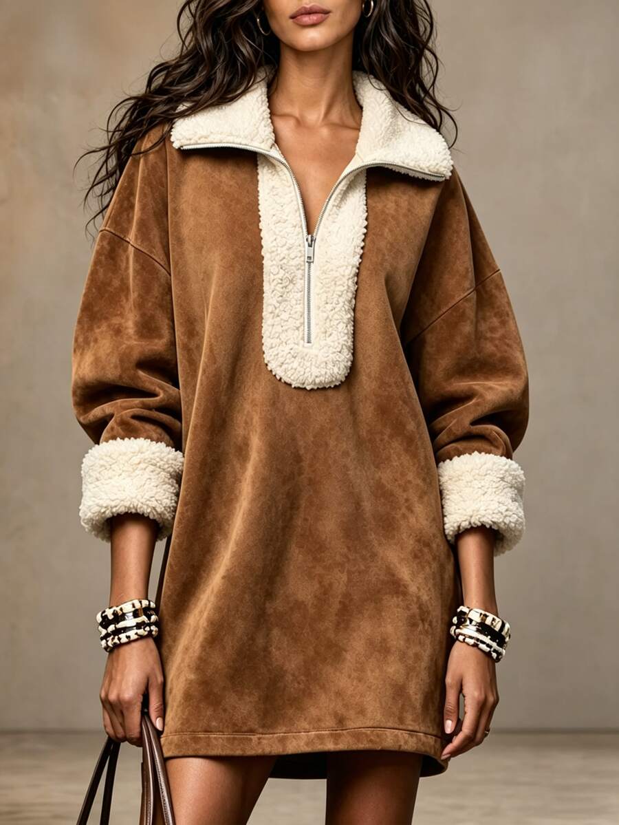 LUMIGAL Vintage Casual Western Cowboy Style Camel Faux Suede Contrast Color Faux Lamb Fur Collar & Cuffs V-Neck Zipper Half-Open Front Short Dress - Camel - View 1