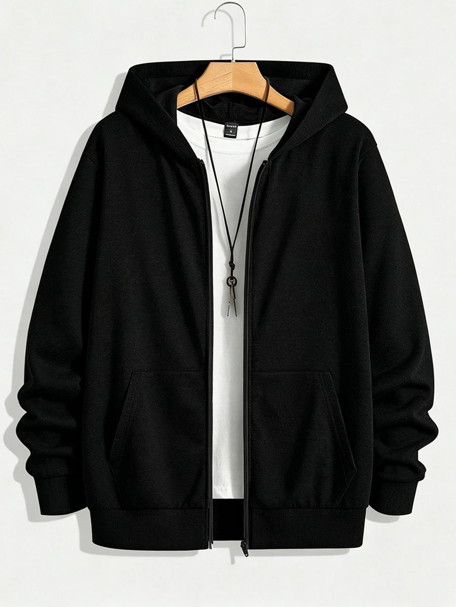 Gym Rark Boyfriend Style Men's Solid Color Simple Casual Hooded Long Sleeve Jacket , Zip Up Workout Jacket Fall Breathable, Lightweight, Gym - Black - View 1