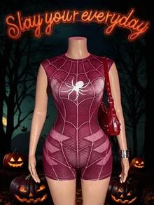 Slaydiva Women's Spider Pattern Casual Daily Romper - Burgundy - View 13