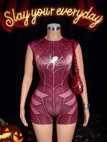 Slaydiva Women's Spider Pattern Casual Daily Romper - Burgundy - View 2